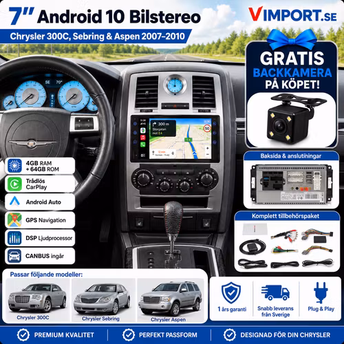 7” Android 10 Bilstereo Chrysler 300C, Sebring & Aspen 2007–2010 | 4GB/64GB, CarPlay, Android Auto, GPS, DSP & CANBUS