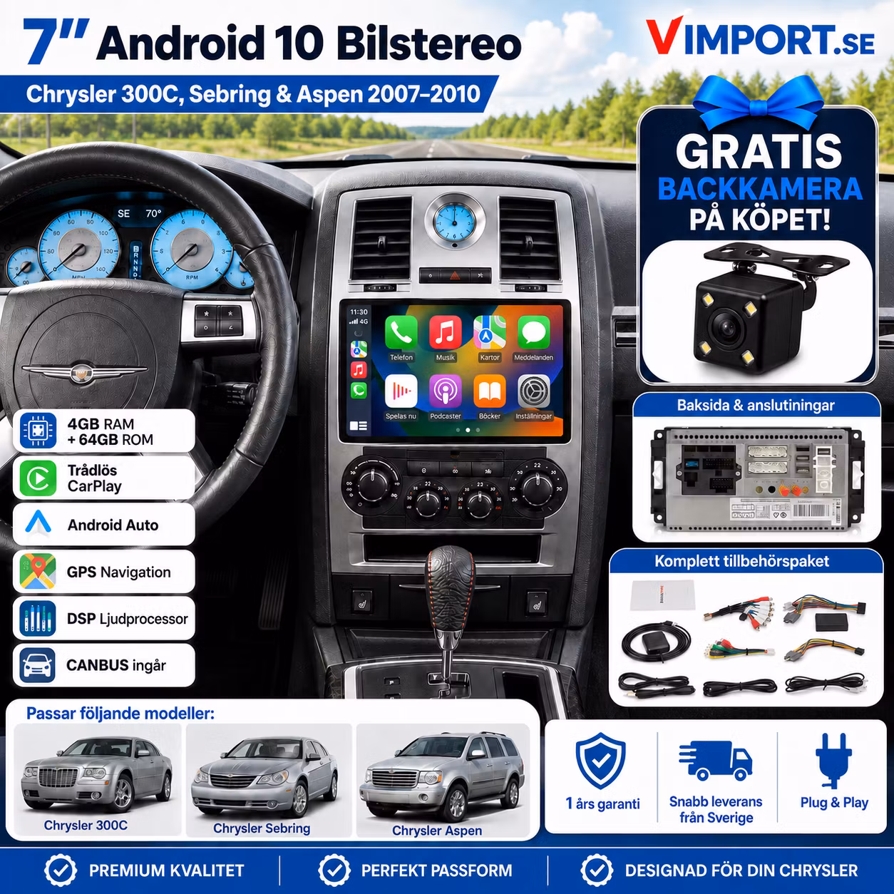 7” Android 10 Bilstereo Chrysler 300C, Sebring & Aspen 2007–2010 | 4GB/64GB, CarPlay, Android Auto, GPS, DSP & CANBUS