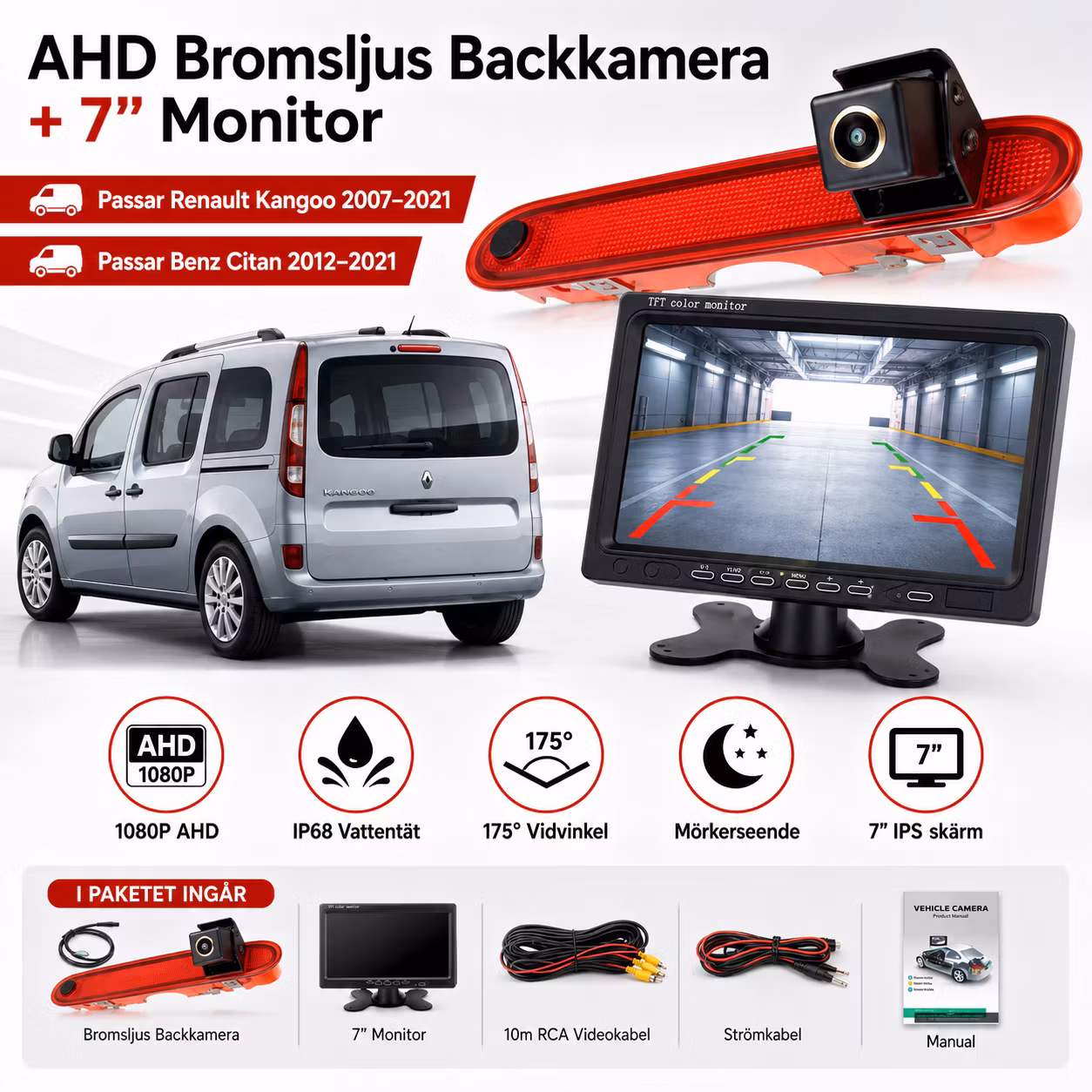 AHD Bromsljus Backkamera + 7” Monitor Renault Kangoo 2007–2021 | 1080P, IP68, 175° Vidvinkel