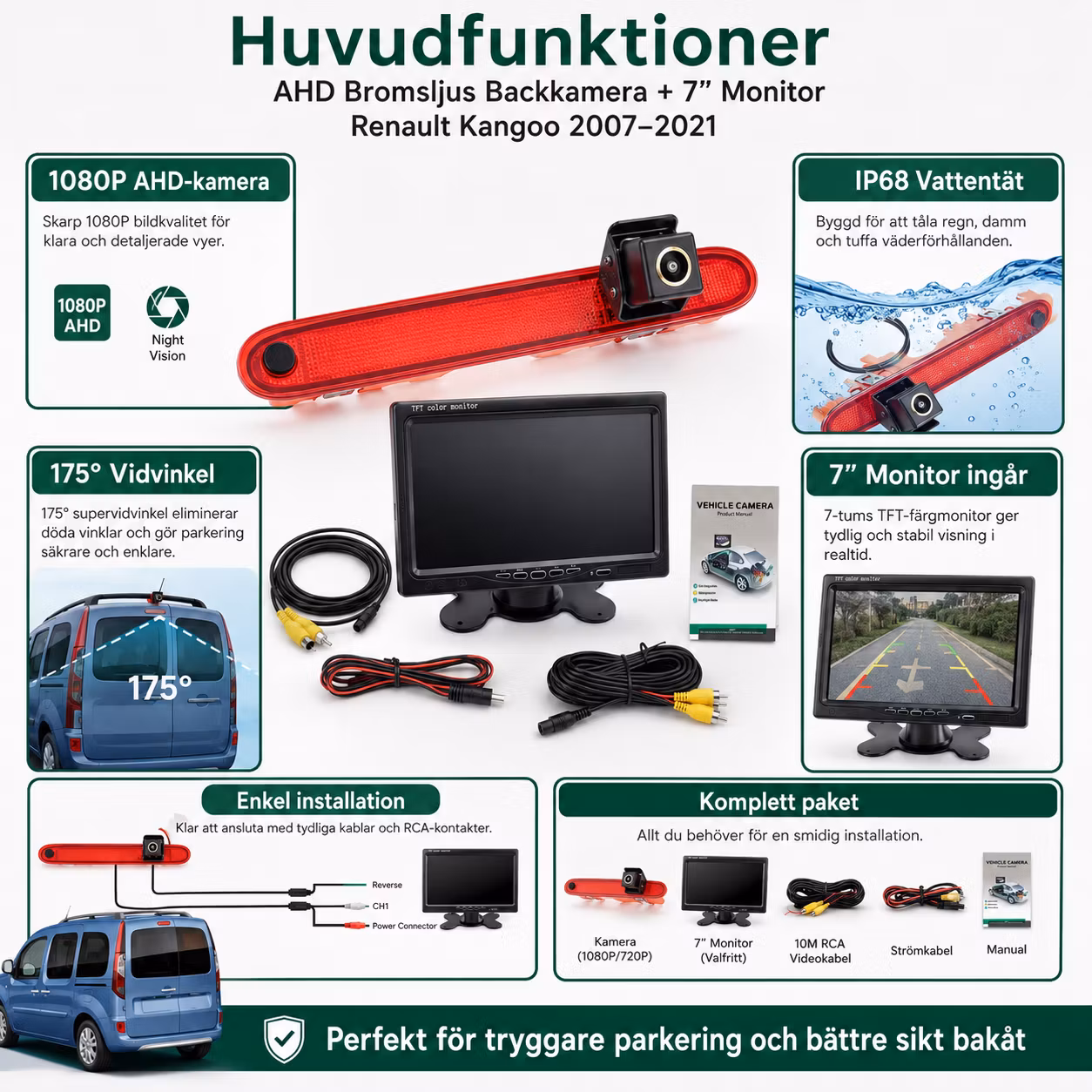 AHD Bromsljus Backkamera + 7” Monitor Renault Kangoo 2007–2021 | 1080P, IP68, 175° Vidvinkel