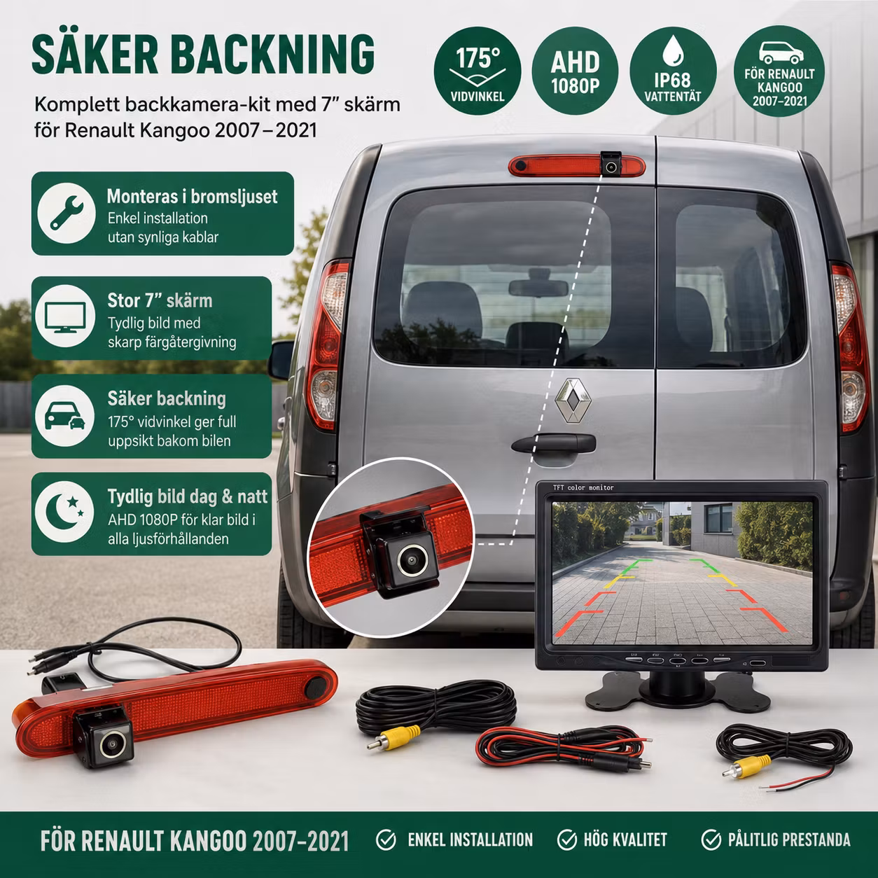AHD Bromsljus Backkamera + 7” Monitor Renault Kangoo 2007–2021 | 1080P, IP68, 175° Vidvinkel