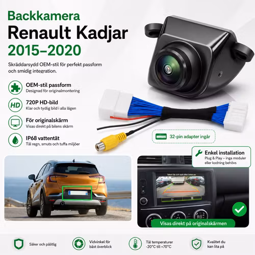 Backkamera Renault Kadjar 2015–2020 – OEM-stil 720P HD, originalskärm, IP68