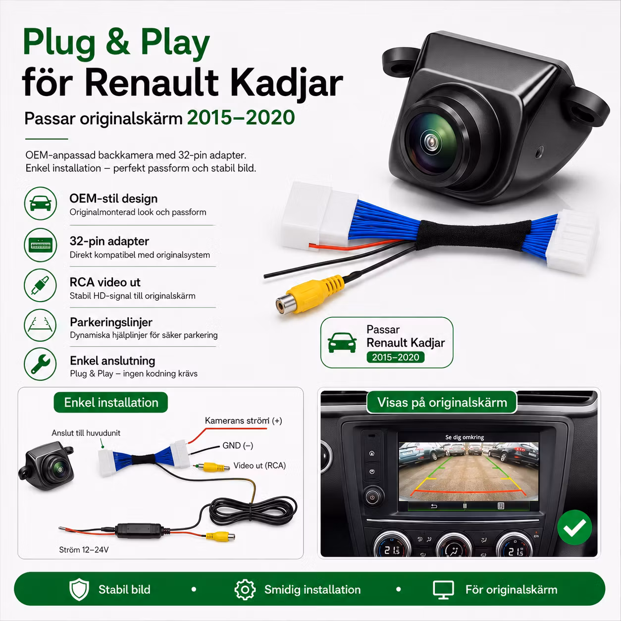 Backkamera Renault Kadjar 2015–2020 – OEM-stil 720P HD, originalskärm, IP68