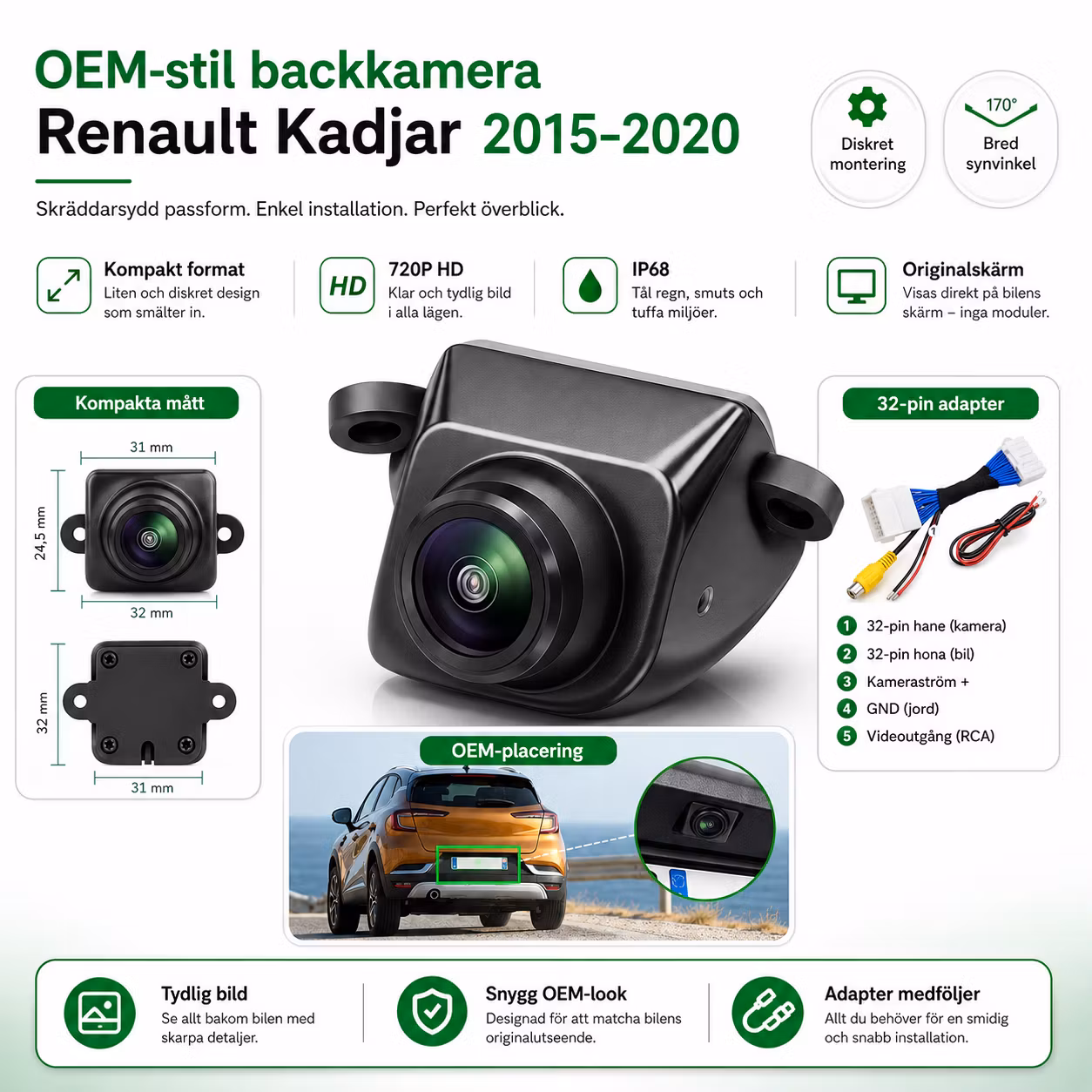 Backkamera Renault Kadjar 2015–2020 – OEM-stil 720P HD, originalskärm, IP68