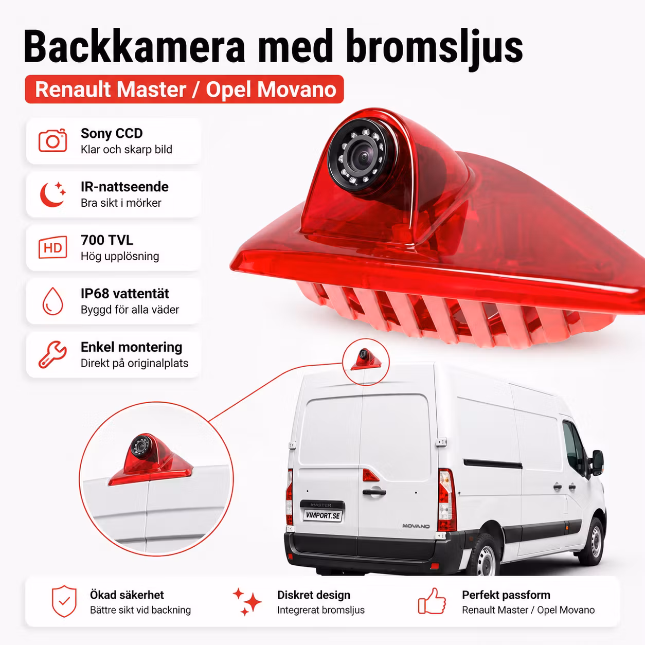 Backkamera med bromsljus Renault Master / Opel Movano – Sony CCD, IR-nattseende, 700 TVL