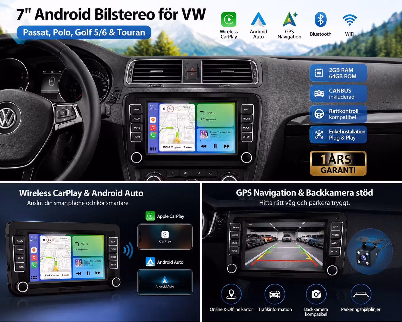 7" Android Bilstereo VW Passat, Polo, Golf 5/6 & Touran | 2GB+64GB, Wireless CarPlay, Android Auto, GPS & CANBUS