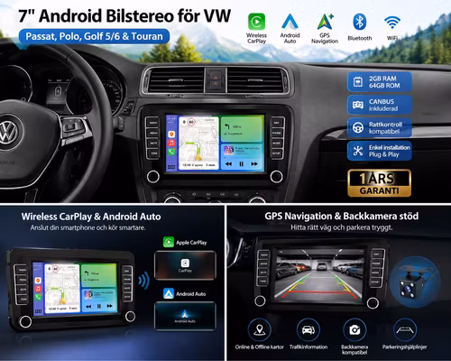 7" Android Bilstereo VW Passat, Polo, Golf 5/6 & Touran | 2GB+64GB, Wireless CarPlay, Android Auto, GPS & CANBUS