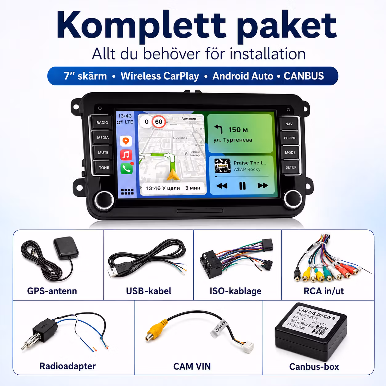 7" Android Bilstereo VW Passat, Polo, Golf 5/6 & Touran | 2GB+64GB, Wireless CarPlay, Android Auto, GPS & CANBUS