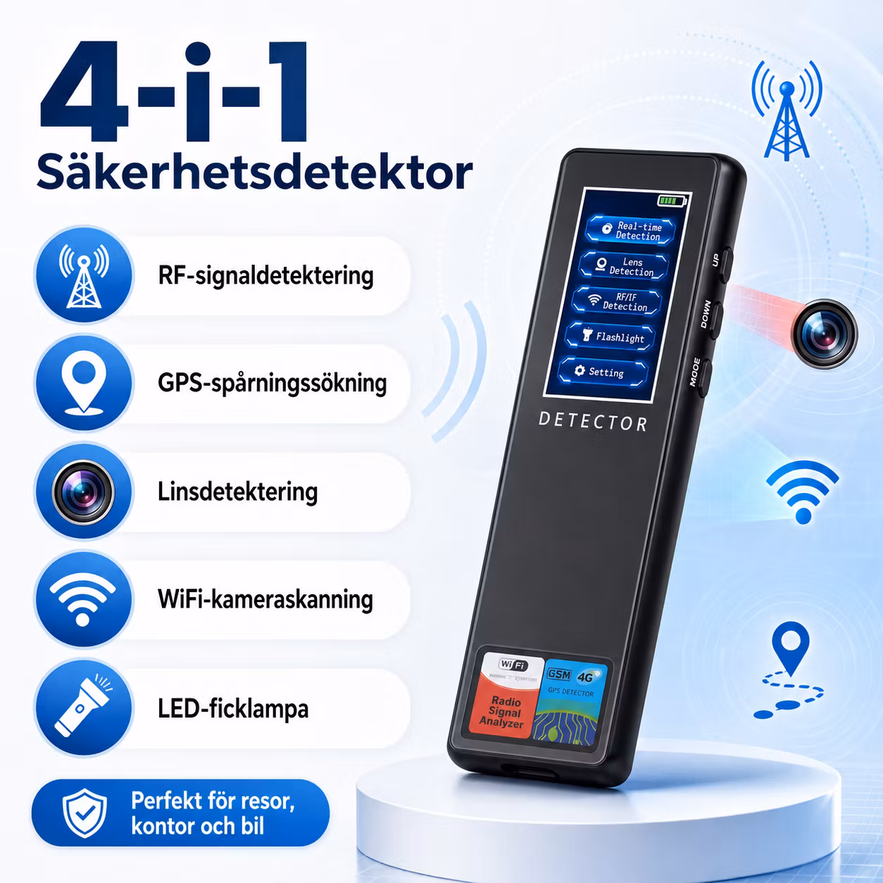 Multifunktionell Anti-Spy Detektor – RF Signal-, GPS Tracker- & Dold Kamera-detektor 5.8 GHz