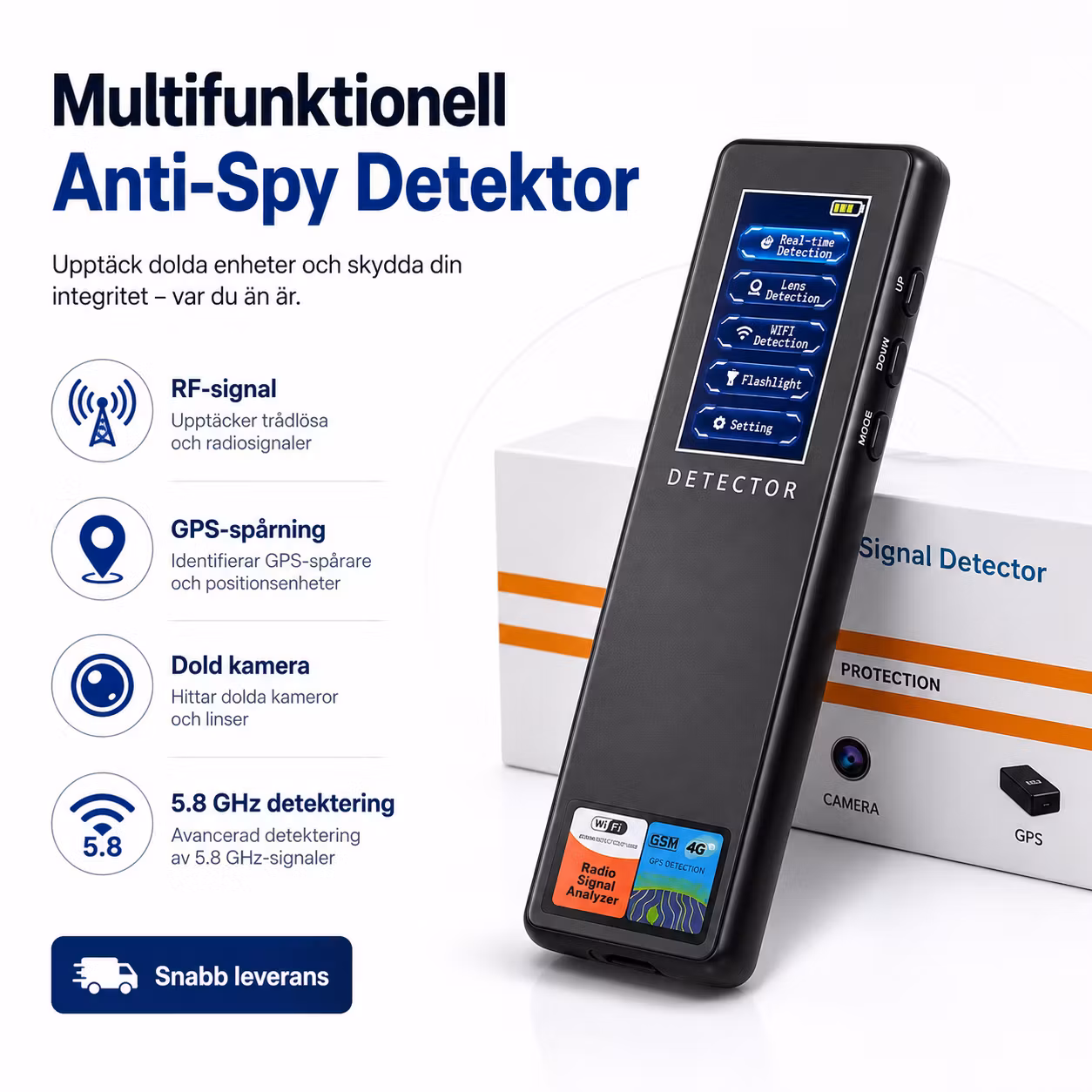 Multifunktionell Anti-Spy Detektor – RF Signal-, GPS Tracker- & Dold Kamera-detektor 5.8 GHz