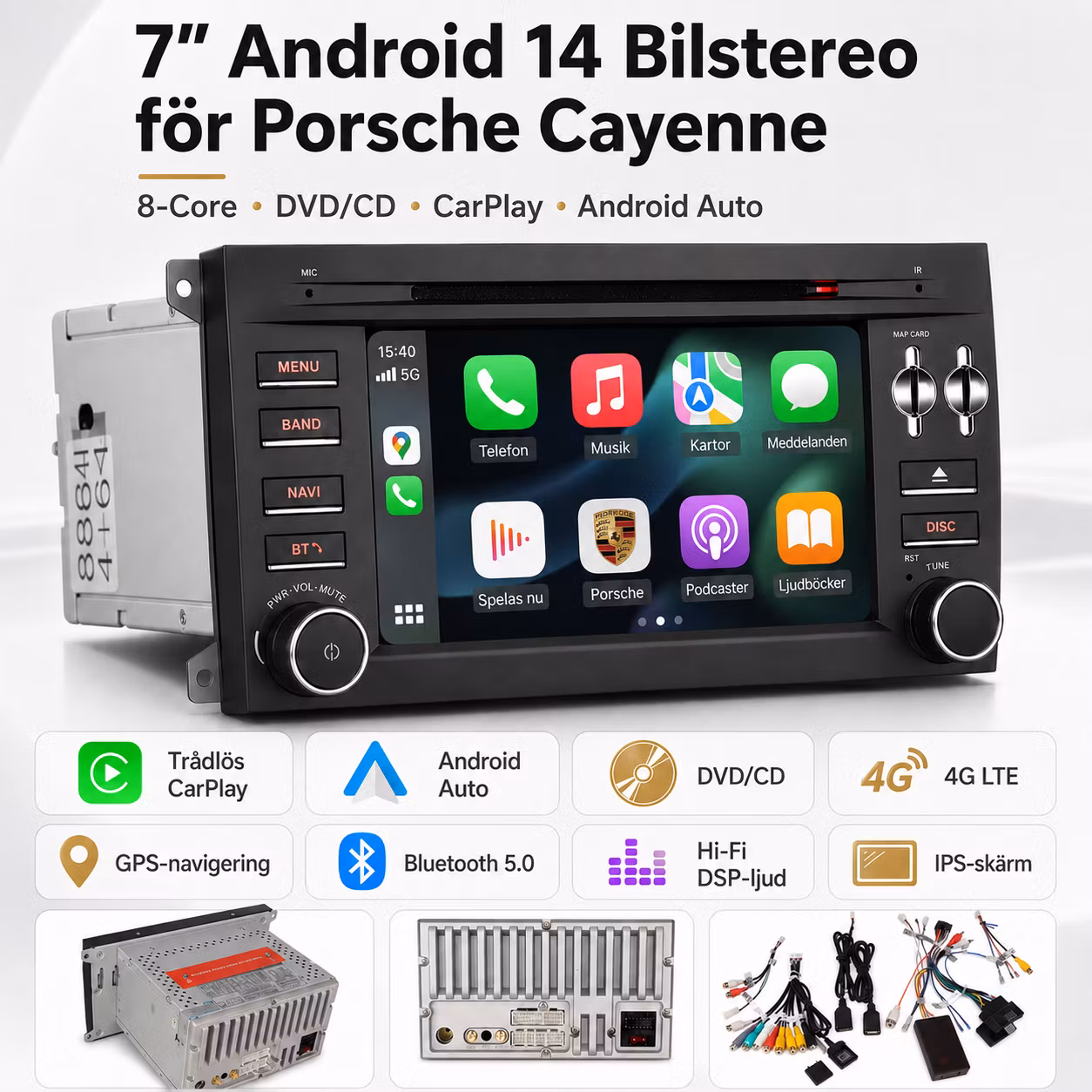 7” Android 14 Bilstereo för Porsche Cayenne – 8-Core, DVD/CD, CarPlay, Android Auto, 4G LTE, GPS, DSP & IPS-skärm