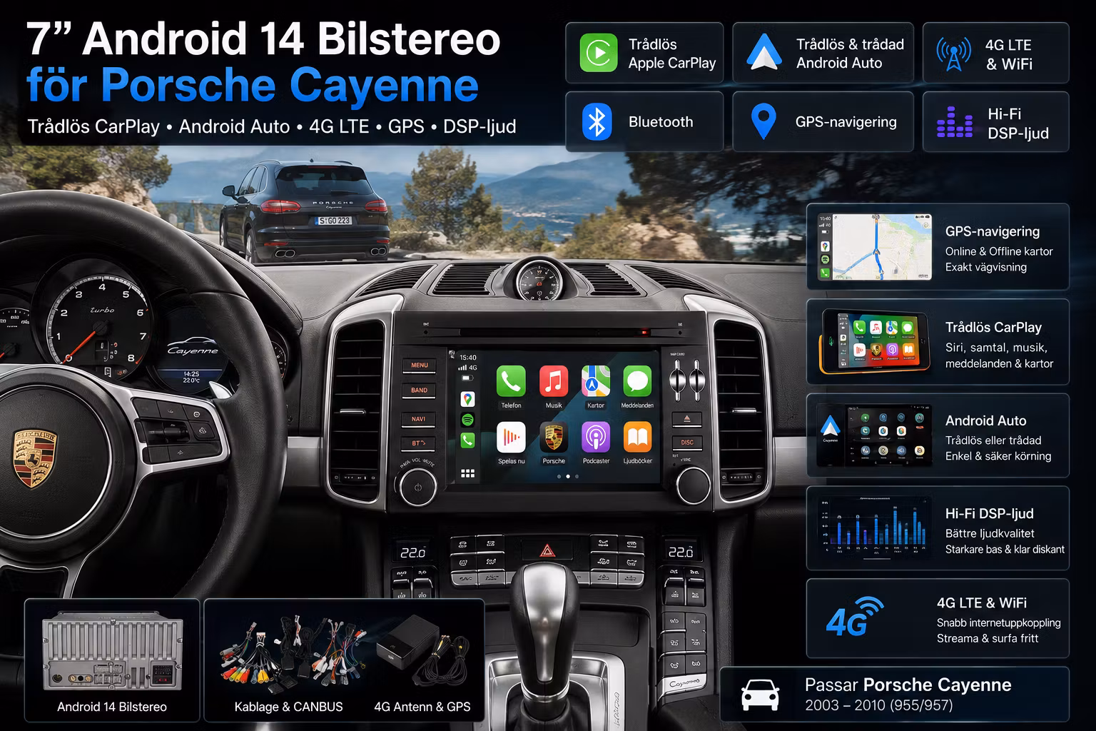 7” Android 14 Bilstereo för Porsche Cayenne – 8-Core, DVD/CD, CarPlay, Android Auto, 4G LTE, GPS, DSP & IPS-skärm