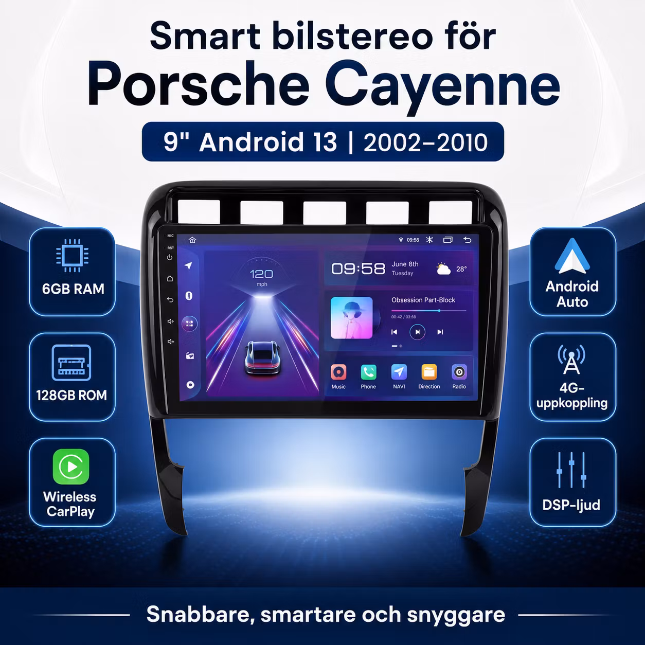 9" Android 13 Bilstereo Porsche Cayenne 2002–2010 – 6GB/128GB, Wireless CarPlay, Android Auto, 4G, GPS & DSP