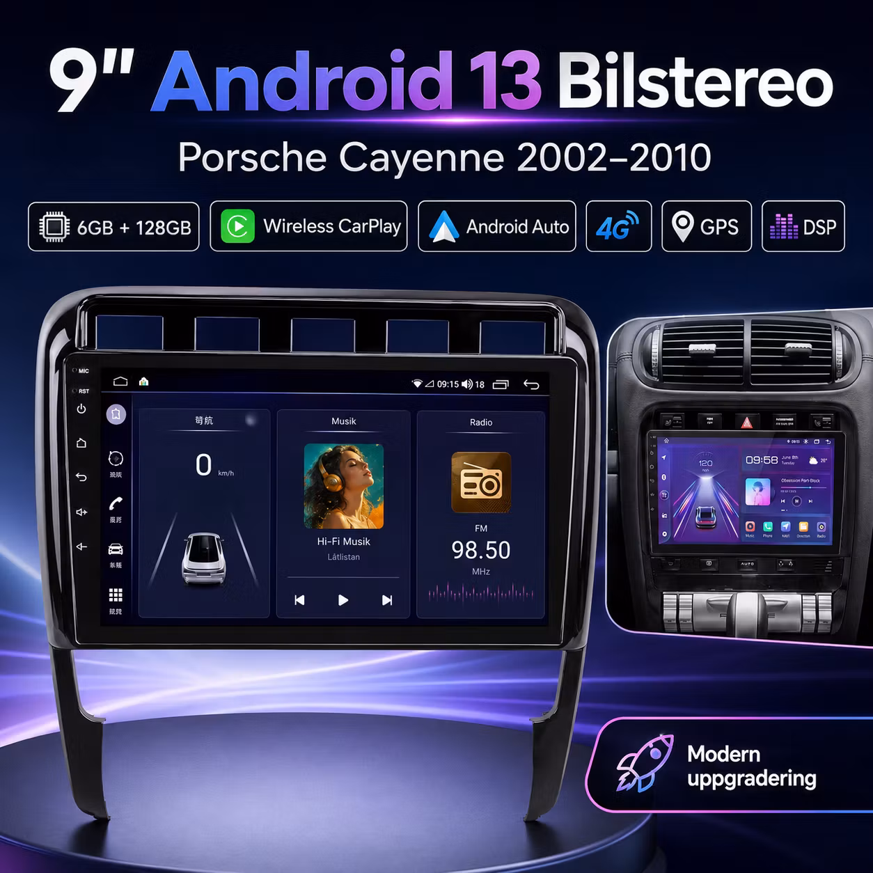 9" Android 13 Bilstereo Porsche Cayenne 2002–2010 – 6GB/128GB, Wireless CarPlay, Android Auto, 4G, GPS & DSP