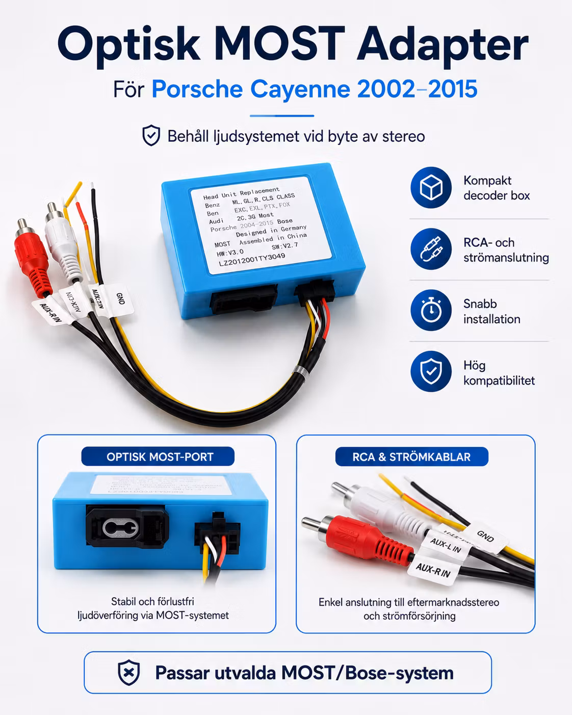 Optisk Fiber MOST Decoder Porsche Cayenne 2002–2015 | Bose Adapter för Android Bilstereo