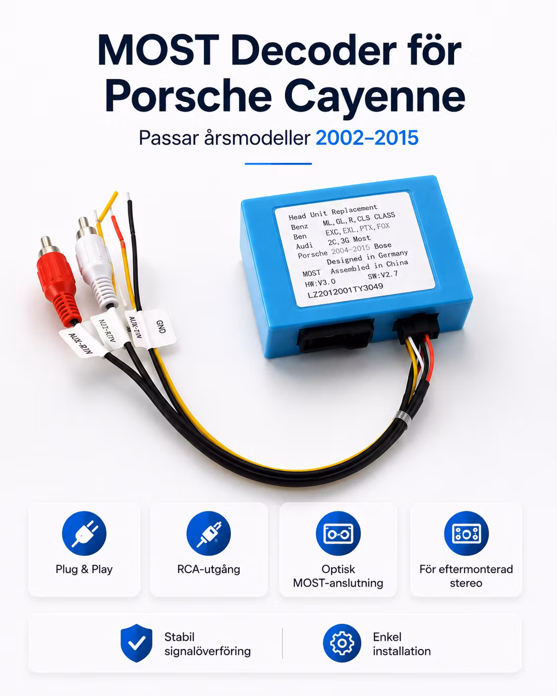 Optisk Fiber MOST Decoder Porsche Cayenne 2002–2015 | Bose Adapter för Android Bilstereo