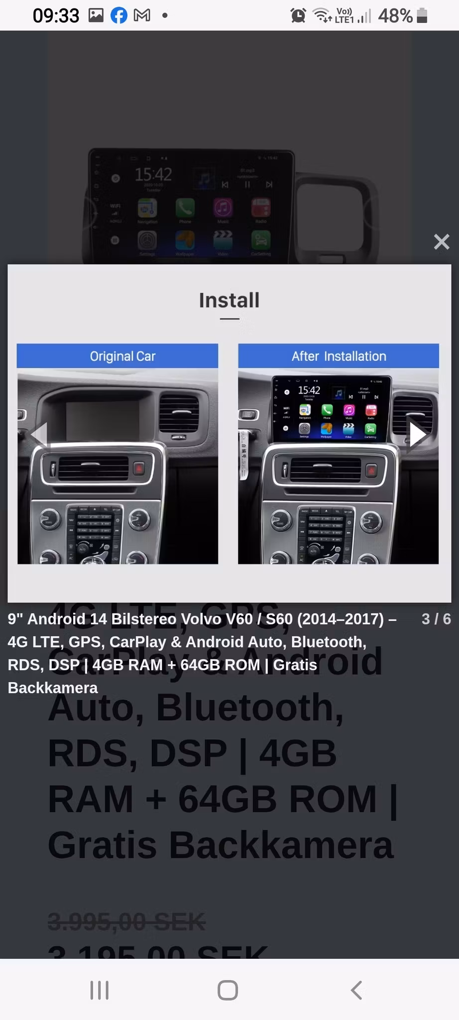 9" Android 14 Bilstereo Volvo V60 / S60 (2014–2017) – 4G LTE, GPS, CarPlay & Android Auto, Bluetooth, RDS, DSP | 4GB RAM + 64GB ROM | Gratis Backkamera