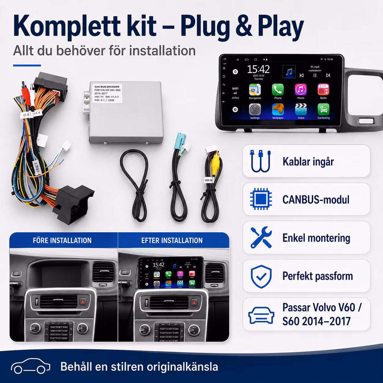 9" Android 14 Bilstereo Volvo V60 / S60 (2014–2017) – 4G LTE, GPS, CarPlay & Android Auto, Bluetooth, RDS, DSP | 4GB RAM + 64GB ROM | Gratis Backkamera
