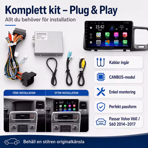 9" Android 14 Bilstereo Volvo V60 / S60 (2014–2017) – 4G LTE, GPS, CarPlay & Android Auto, Bluetooth, RDS, DSP | 4GB RAM + 64GB ROM | Gratis Backkamera
