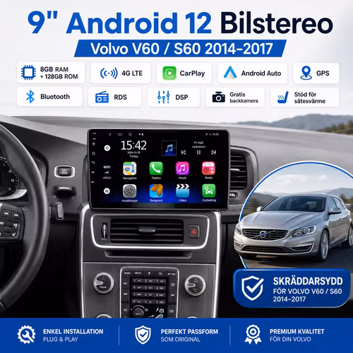 9" Android 12 Bilstereo Volvo V60 / S60 2014–2017 | 8GB RAM + 128GB ROM, 4G LTE, CarPlay, Android Auto, GPS, DSP + Gratis Backkamera