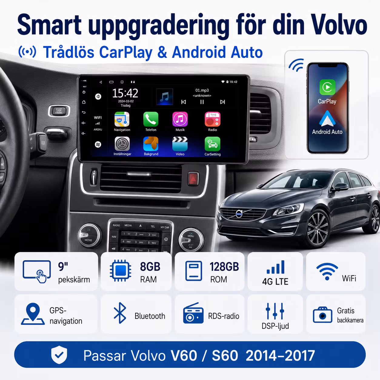 9" Android 12 Bilstereo Volvo V60 / S60 2014–2017 | 8GB RAM + 128GB ROM, 4G LTE, CarPlay, Android Auto, GPS, DSP + Gratis Backkamera