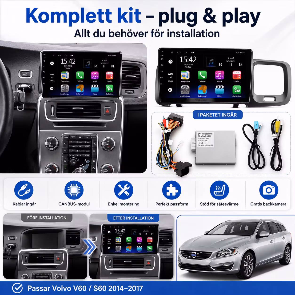 9" Android 12 Bilstereo Volvo V60 / S60 2014–2017 | 8GB RAM + 128GB ROM, 4G LTE, CarPlay, Android Auto, GPS, DSP + Gratis Backkamera