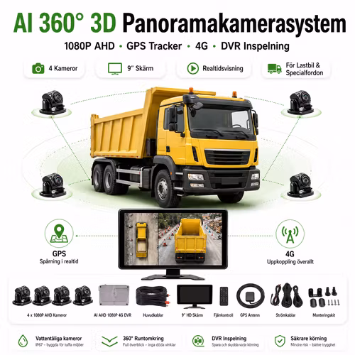4G AI 360° 3D Panoramakamerasystem 1080P AHD med GPS Tracker & 9” Skärm – DVR Inspelning för Lastbil & Specialfordon