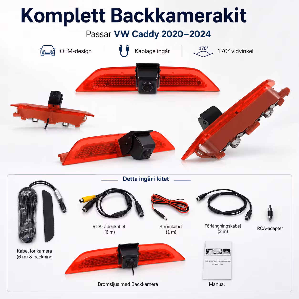 Bromsljus Backkamera VW Caddy 2020–2024 – 170° HD Rear View Kamera OEM Style