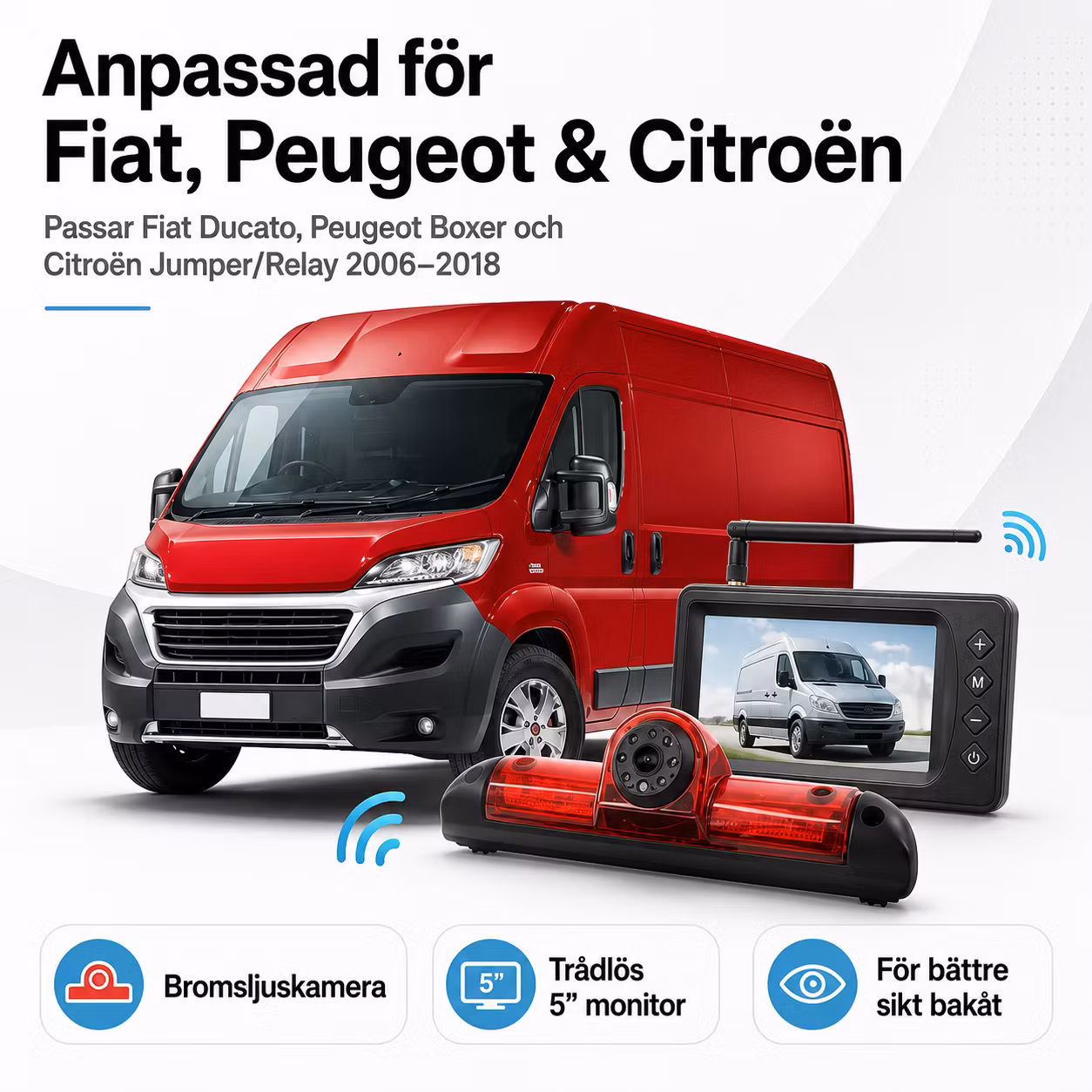 Trådlös AHD Backkamera med 5” Monitor för Fiat Ducato, Peugeot Boxer & Citroën Jumper/Relay 2006–2018 – Bromsljuskamera