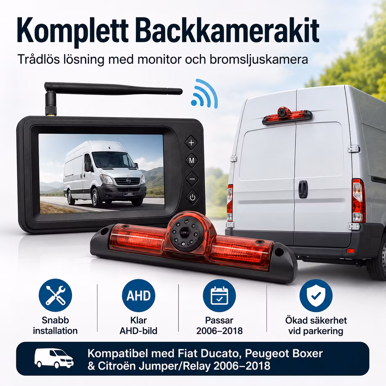 Trådlös AHD Backkamera med 5” Monitor för Fiat Ducato, Peugeot Boxer & Citroën Jumper/Relay 2006–2018 – Bromsljuskamera