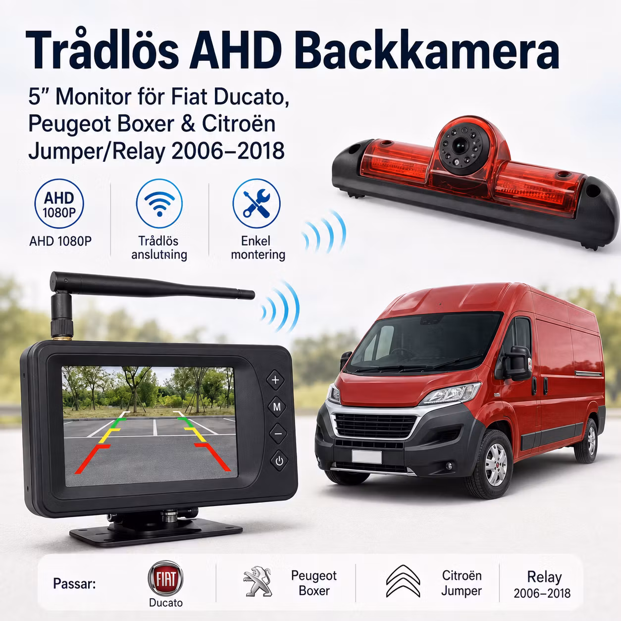 Trådlös AHD Backkamera med 5” Monitor för Fiat Ducato, Peugeot Boxer & Citroën Jumper/Relay 2006–2018 – Bromsljuskamera