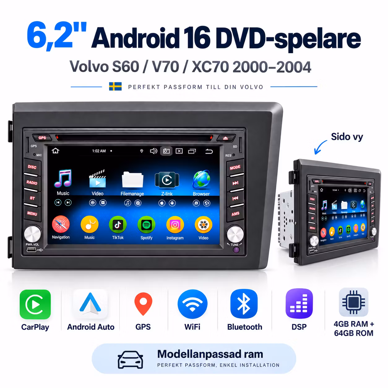 6,2" Android 16 Bilstereo Volvo S60 V70 XC70 2000–2004 | DVD, CarPlay, Android Auto, GPS, 4G, DSP, 4GB/64GB + Backkamera