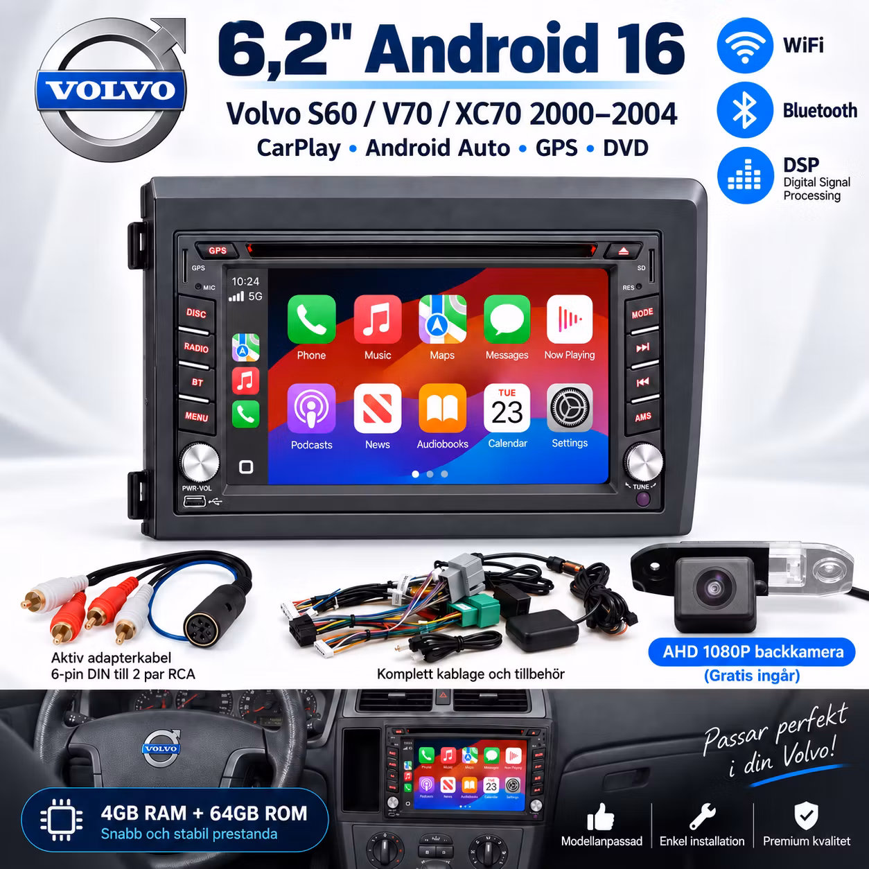 6,2" Android 16 Bilstereo Volvo S60 V70 XC70 2000–2004 | DVD, CarPlay, Android Auto, GPS, 4G, DSP, 4GB/64GB + Backkamera