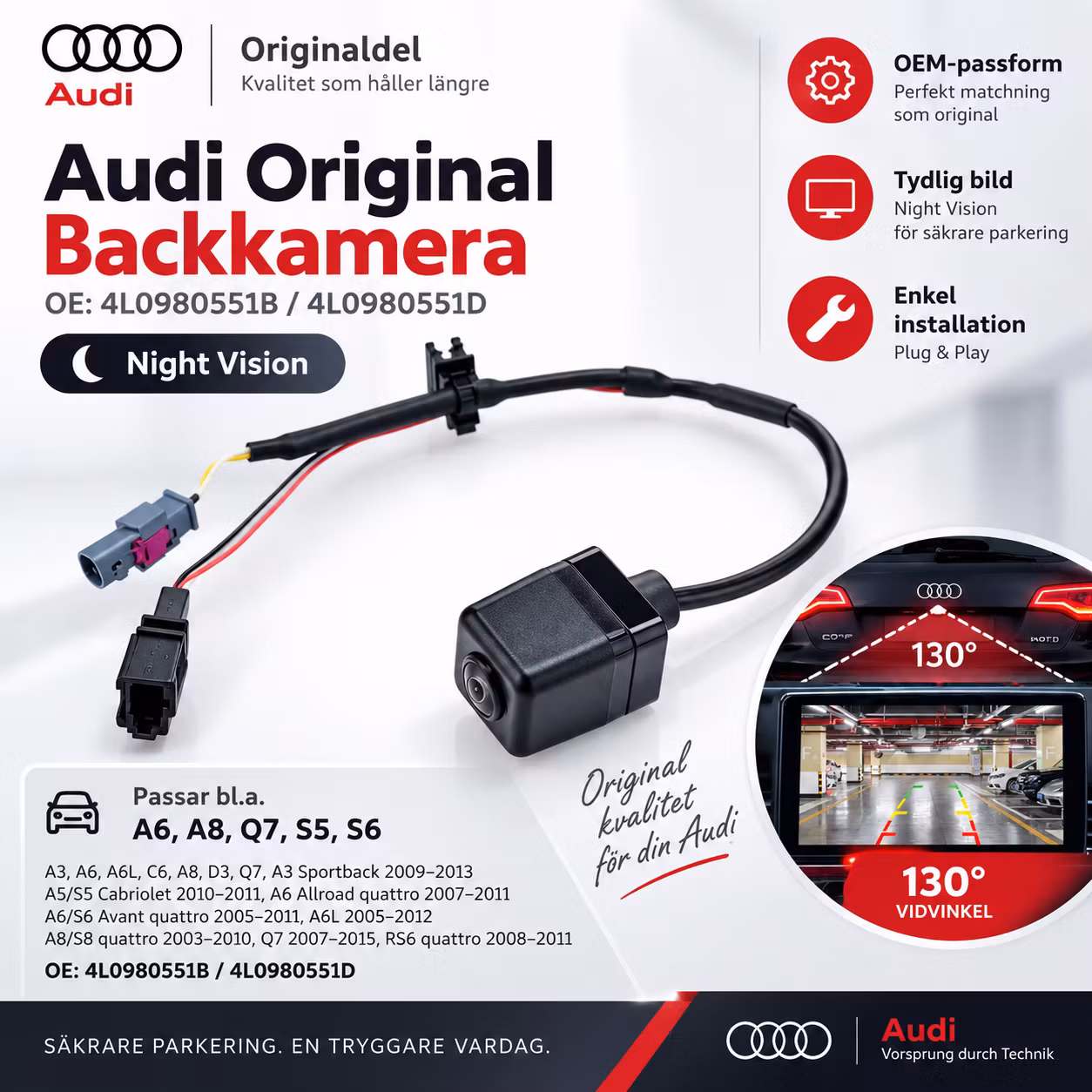 Audi Original Backkamera 4L0980551B / 4L0980551D – HD Night Vision för A6, A8, Q7, S5, S6