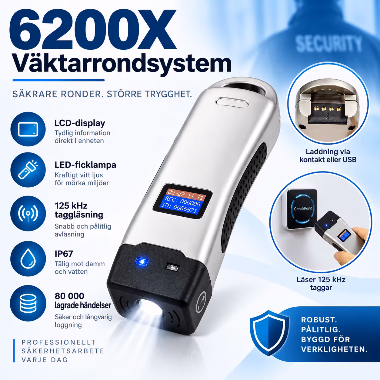 6200X Väktarrondsystem med LCD & LED-ficklampa – Guard Tour System för nattvakter