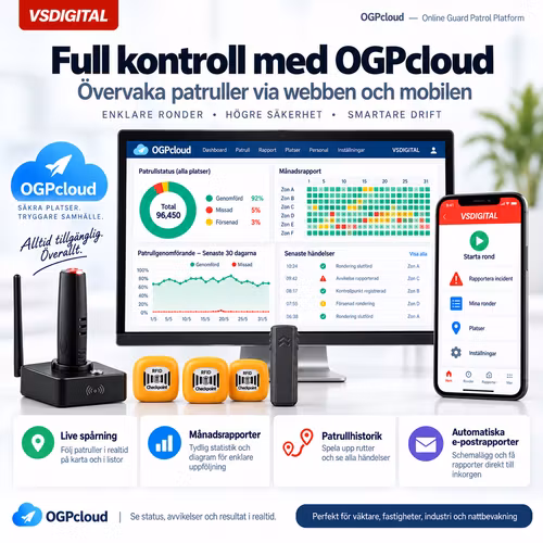 Digitalt Väktarrondsystem RFID 125 kHz med OGPcloud – Guard Patrol, Kontrollpunkter, Web & App, IP67