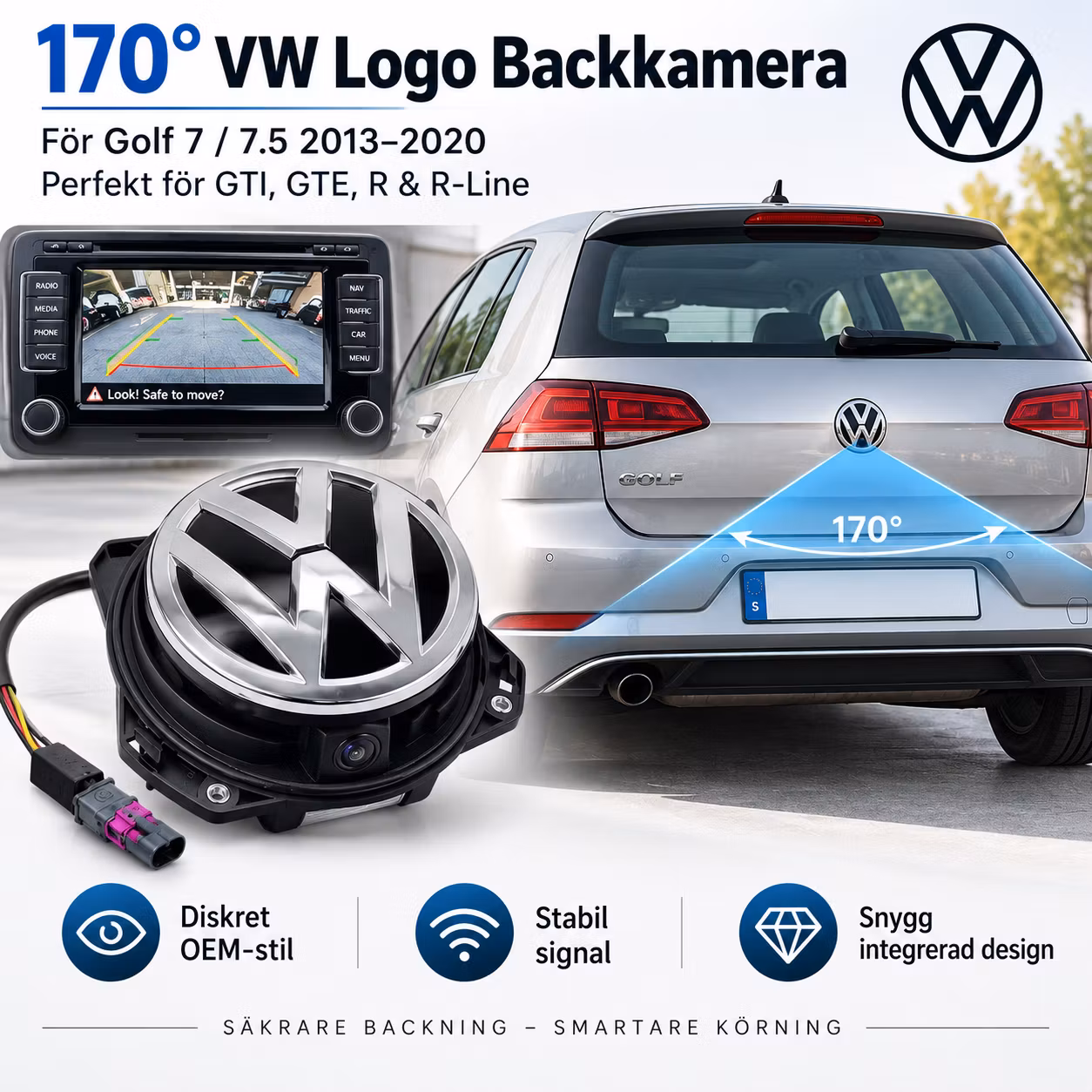 170° VW Logo Backkamera Golf 7 / 7.5 2013–2020 – Eftermarknad Backkamera för GTI, GTE, R & R-Line