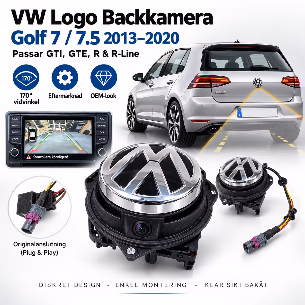 170° VW Logo Backkamera Golf 7 / 7.5 2013–2020 – Eftermarknad Backkamera för GTI, GTE, R & R-Line