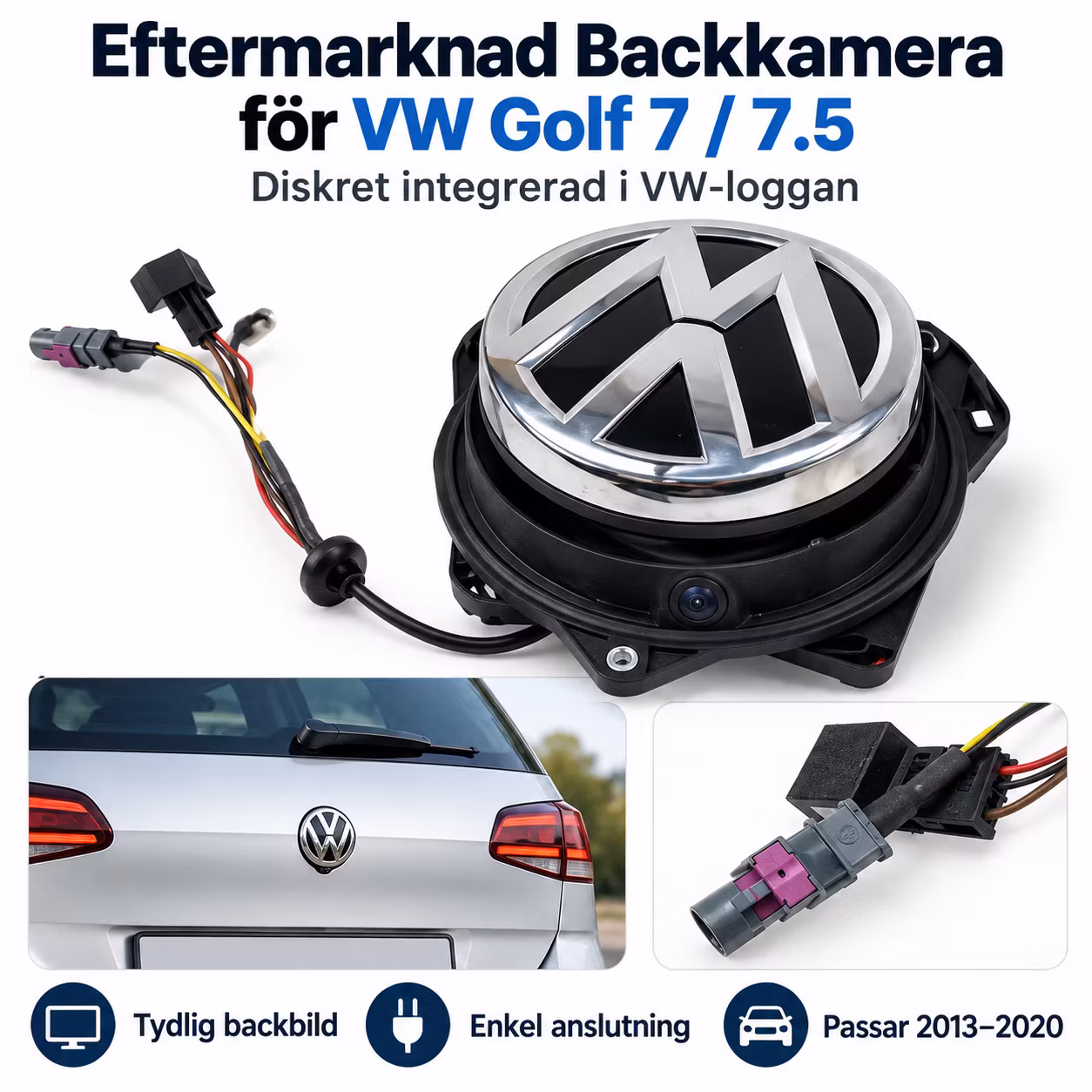 170° VW Logo Backkamera Golf 7 / 7.5 2013–2020 – Eftermarknad Backkamera för GTI, GTE, R & R-Line