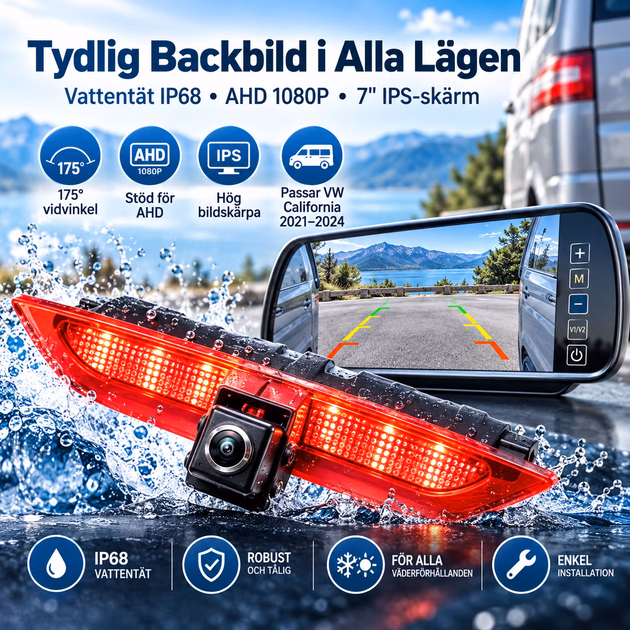 175° AHD Bromsljus Backkamera + 7" IPS Monitor för VW California 2021–2024 – 1080P, IP68