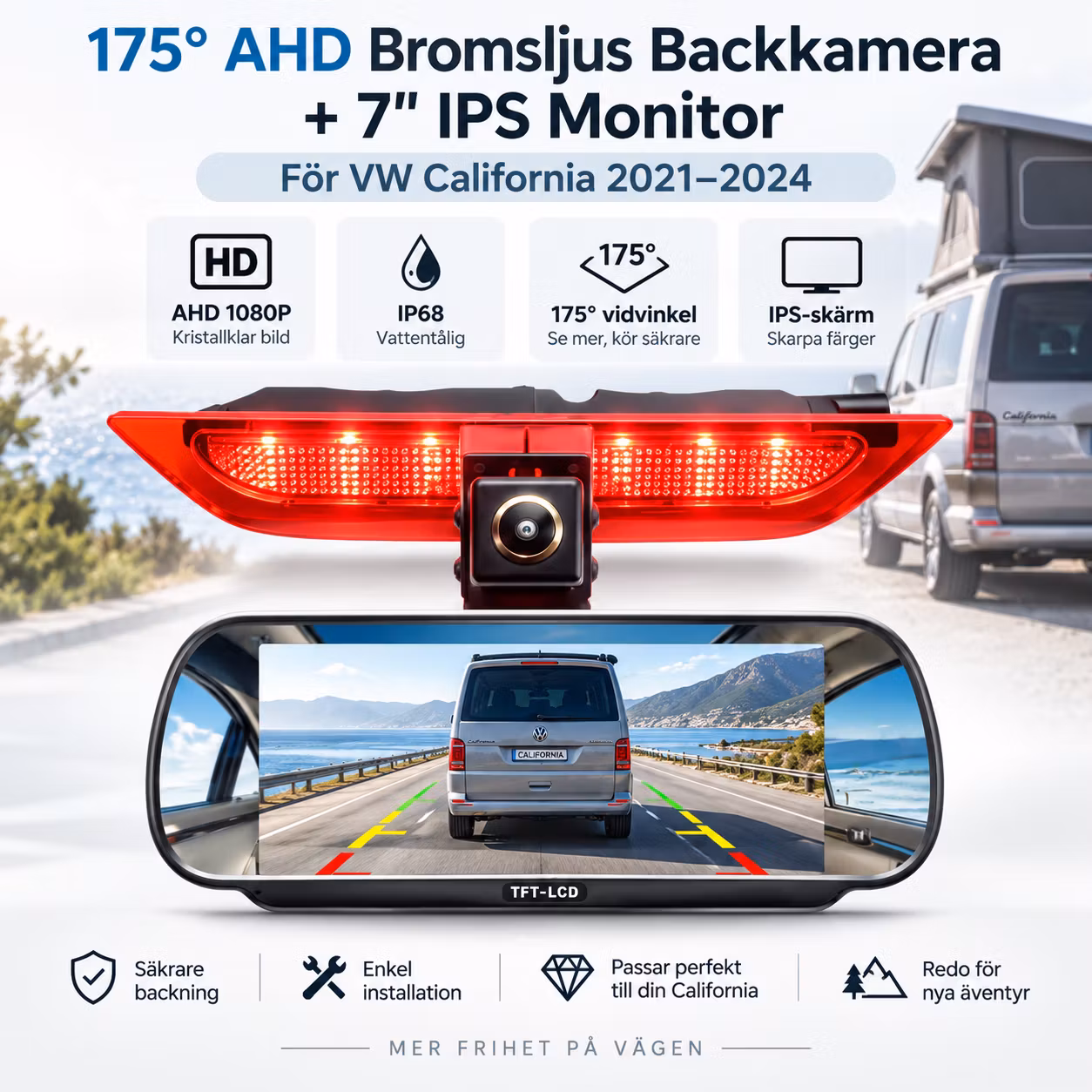 175° AHD Bromsljus Backkamera + 7" IPS Monitor för VW California 2021–2024 – 1080P, IP68