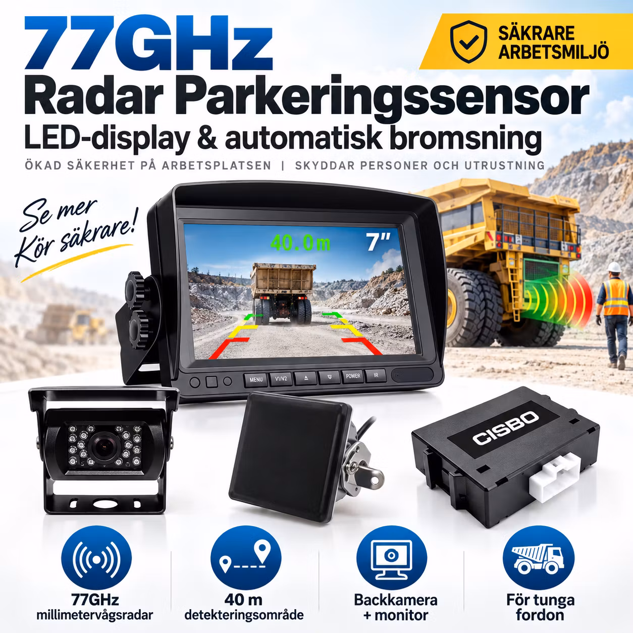 77GHz Radar Parkeringssensor med LED-display och Automatisk Bromsning