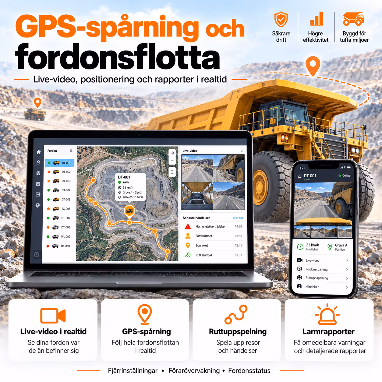 7” AHD Säkerhetssystem för Lastbil & Entreprenadmaskin – Förarövervakning, 4 Kameror, 4G GPS, DVR & Trötthetsvarning