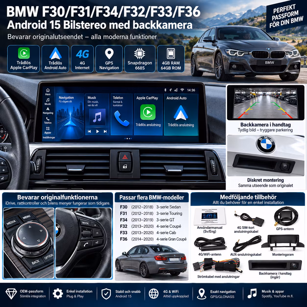 BMW F30 F31 F34 F32 F33 F36 Android 15 Bilstereo 10,25” – CarPlay, Android Auto, 4G, GPS, 4GB/64GB, NBT + Gratis Backkamera