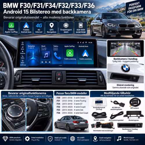 BMW F30 F31 F34 F32 F33 F36 Android 15 Bilstereo 10,25” – CarPlay, Android Auto, 4G, GPS, 4GB/64GB, NBT + Gratis Backkamera