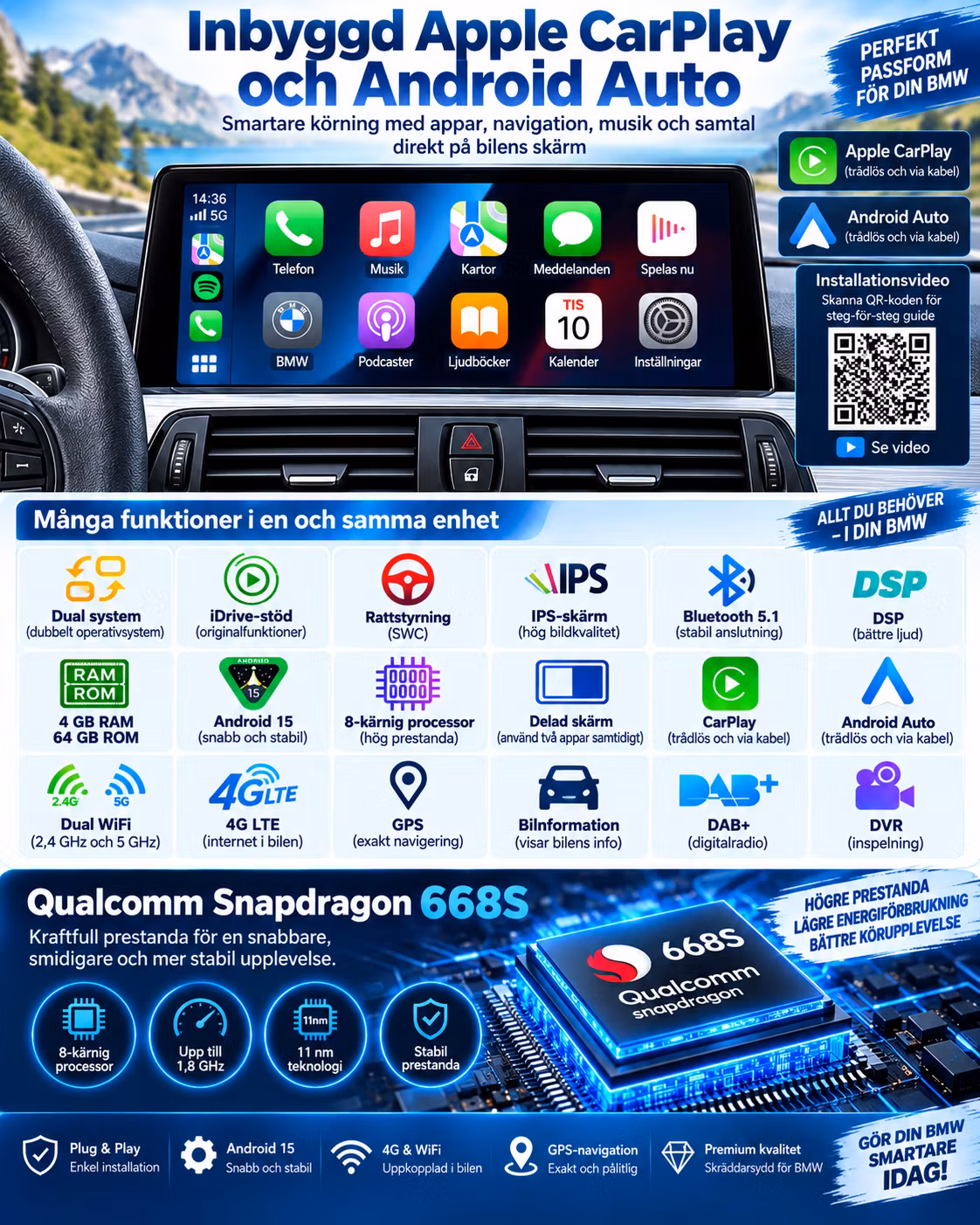 BMW F30 F31 F34 F32 F33 F36 Android 15 Bilstereo 10,25” – CarPlay, Android Auto, 4G, GPS, 4GB/64GB, NBT + Gratis Backkamera