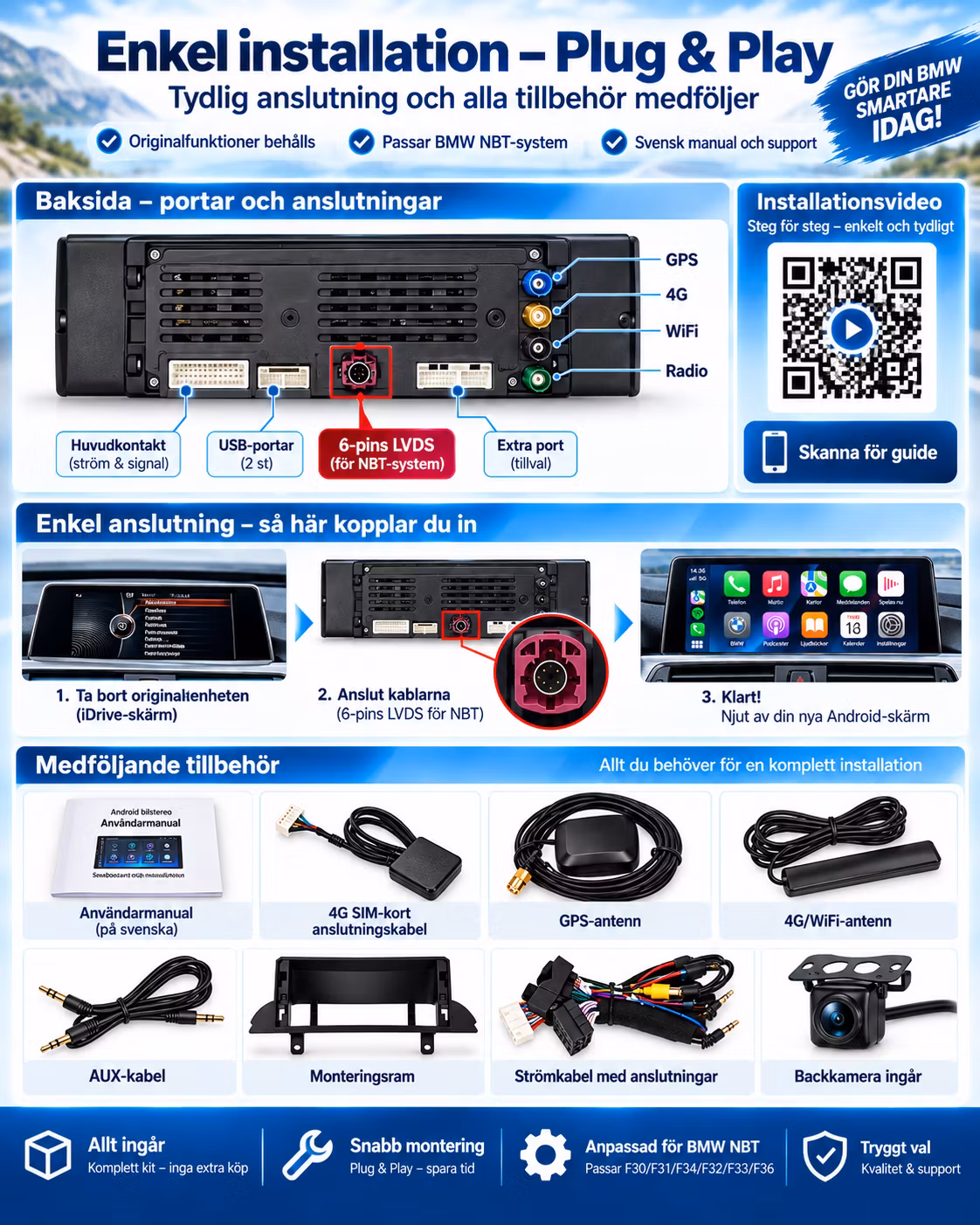 BMW F30 F31 F34 F32 F33 F36 Android 15 Bilstereo 10,25” – CarPlay, Android Auto, 4G, GPS, 4GB/64GB, NBT + Gratis Backkamera