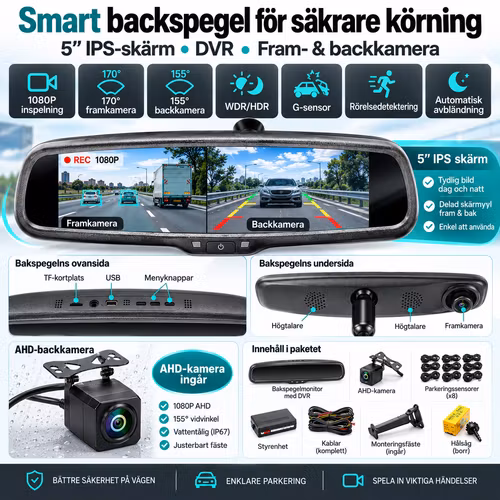 5” Backspegelmonitor med DVR, Fram- & Backkamera 1080P, Parkeringssensorer, WDR/HDR & G-sensor