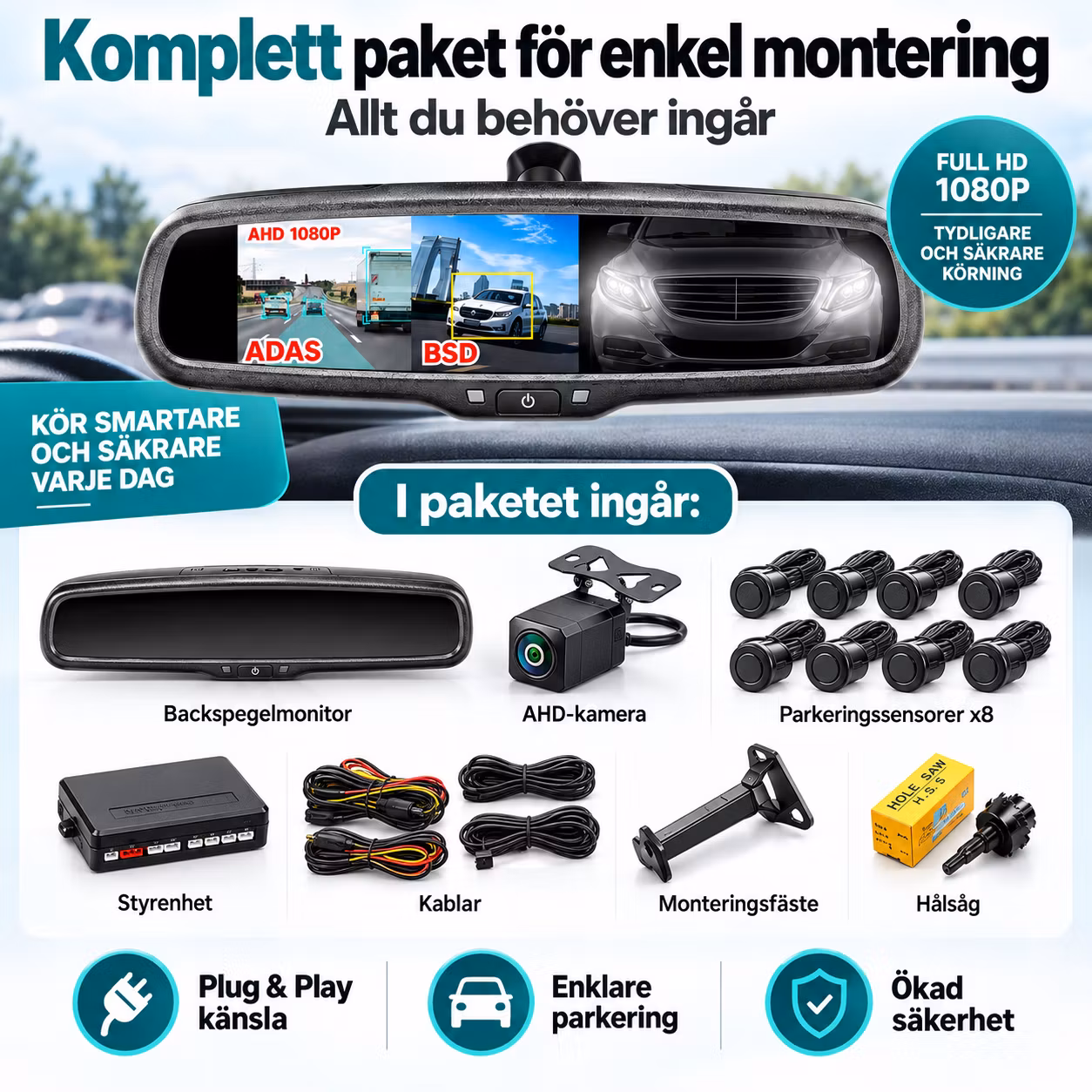 5” Backspegelmonitor med DVR, Fram- & Backkamera 1080P, Parkeringssensorer, WDR/HDR & G-sensor