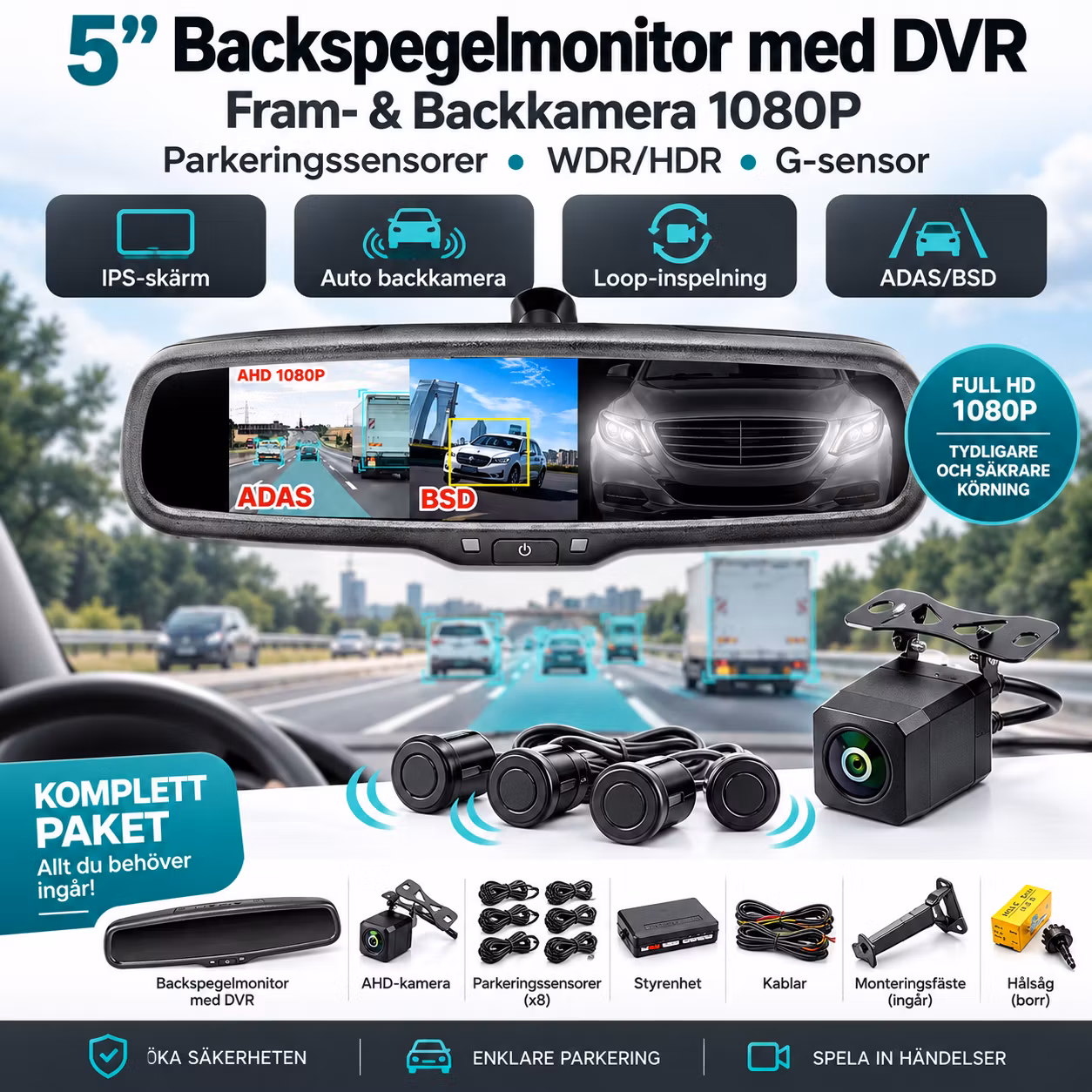 5” Backspegelmonitor med DVR, Fram- & Backkamera 1080P, Parkeringssensorer, WDR/HDR & G-sensor